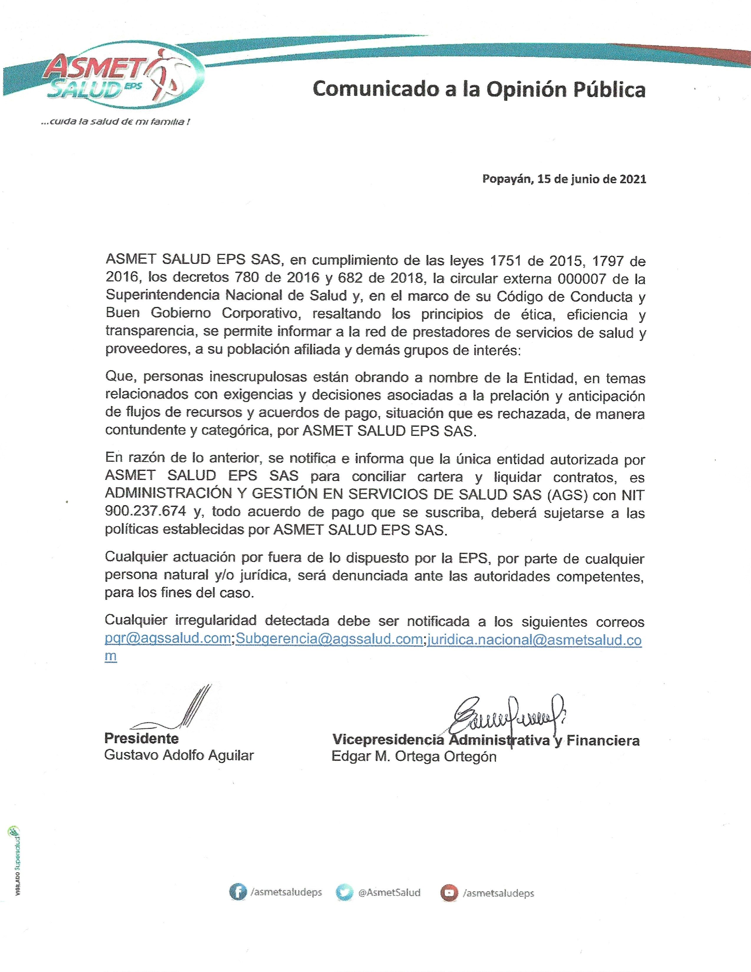 Comunicado a la opinión pública